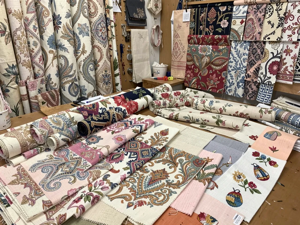 Fabric and textile samples at our curtain and decor workshop